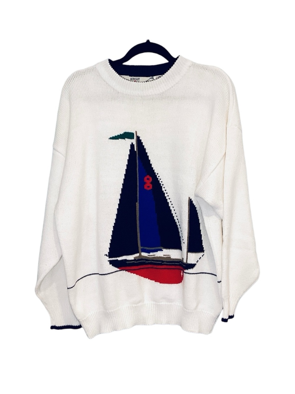 💚 Vintage Midnight Sun White Sailboat Knit Sweater, Size XL